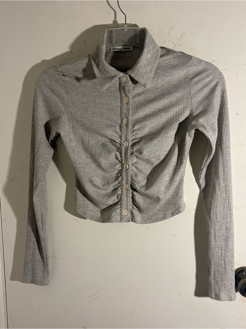 Reformation Ribbed Knit Collared Long Sleeve Top